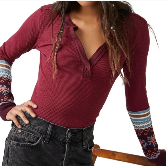 Free People Crochet Sweater Sleeves Long Sleeve Shirt Waffle Deep V - Picture 2 of 7